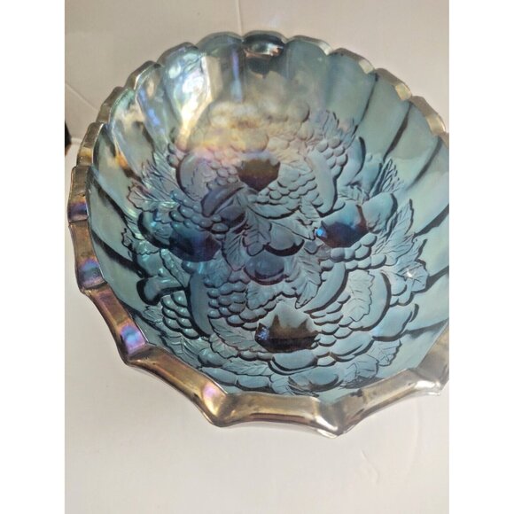 Vintage Indiana Carnival Large Glass Footed Harvest Fruit Bowl Iridescent Blue - Picture 5 of 13
